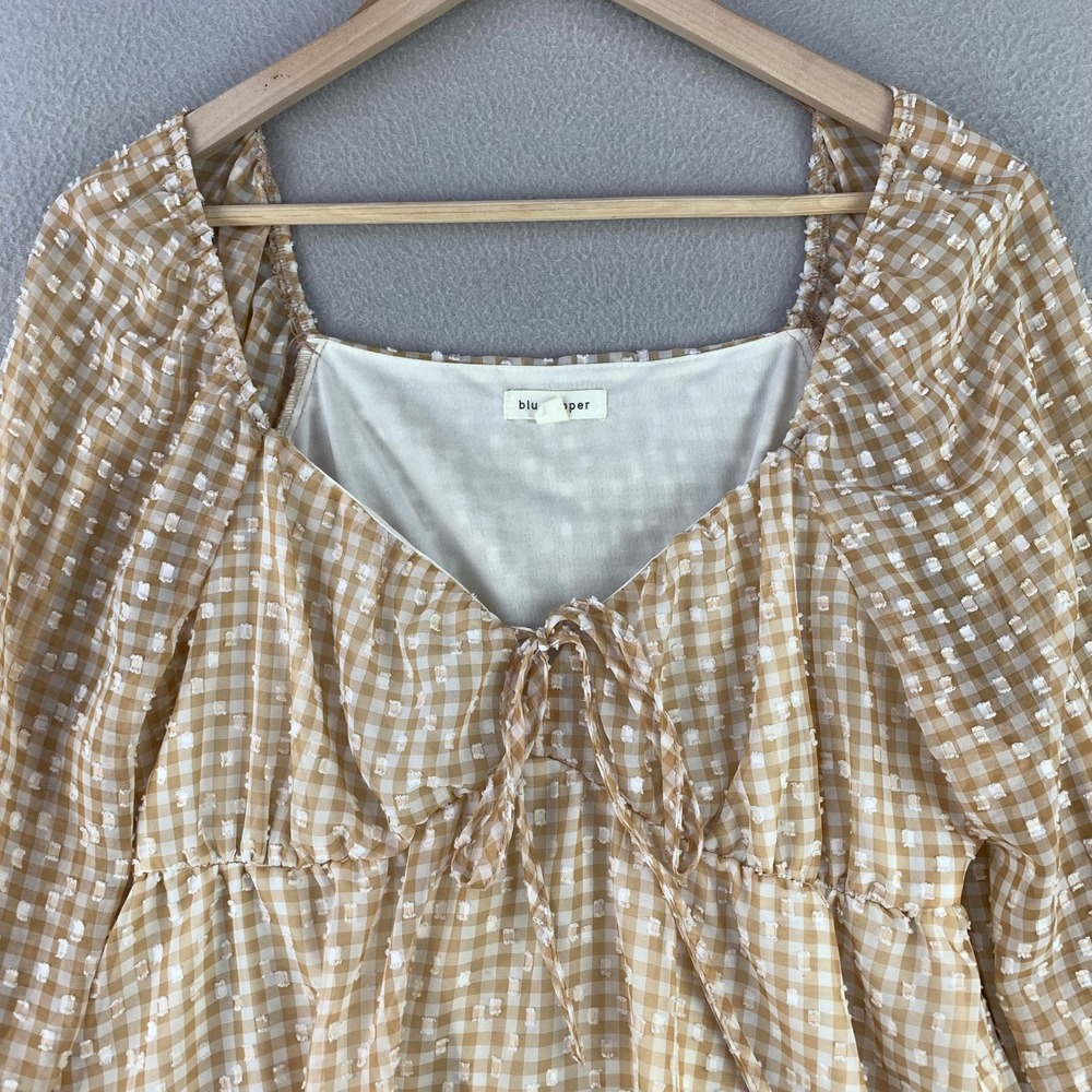 blu pepper Gingham Peplum Top Women L Tan Cottagecore Tie Front Long Sleeve - Picture 3 of 9
